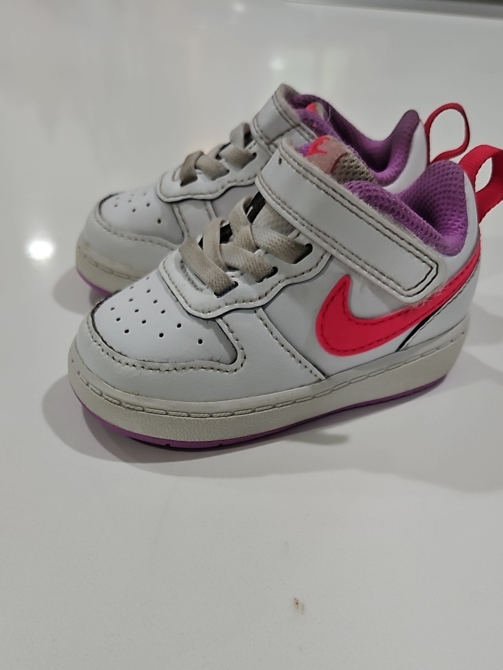 Nike Kids 4c White Sneakers with Pink Swoosh and Purple Lining Baby
